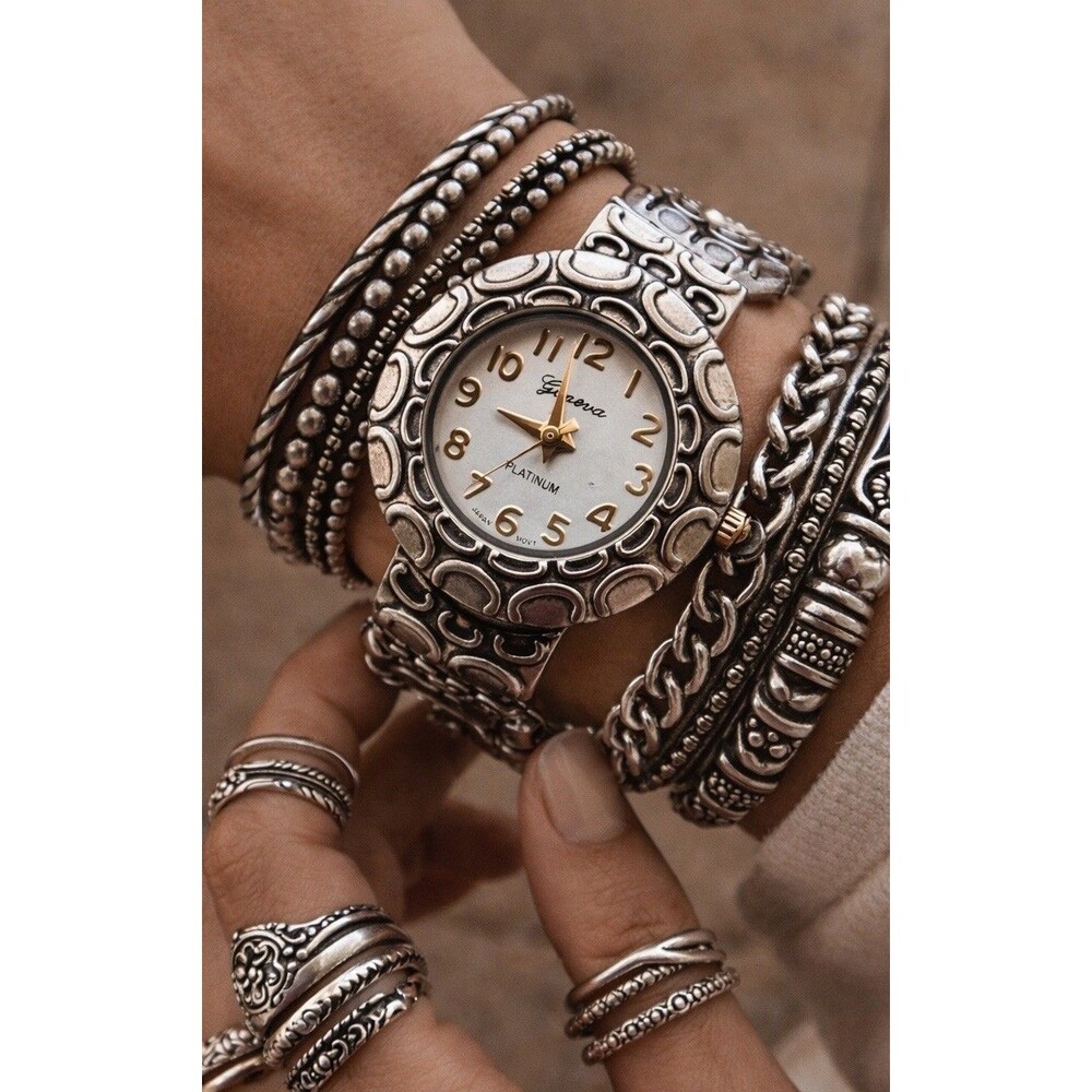 Vintage Geneva Chunky Cuff Bracelet Watch Silver Tone Y2K Boho Statement